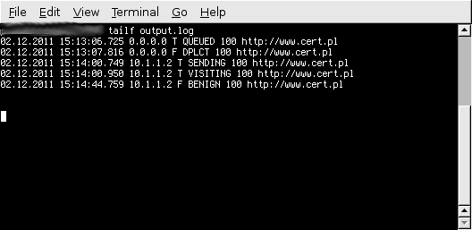 Plik LOG serwera Capture-HPC NG
