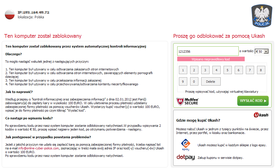 Uwaga Komputer Został Zablokowany Z Powodu Naruszenia Prawa Polskiego Ten komputer został zablokowany – ransomware żąda voucheru Ukash na 100
